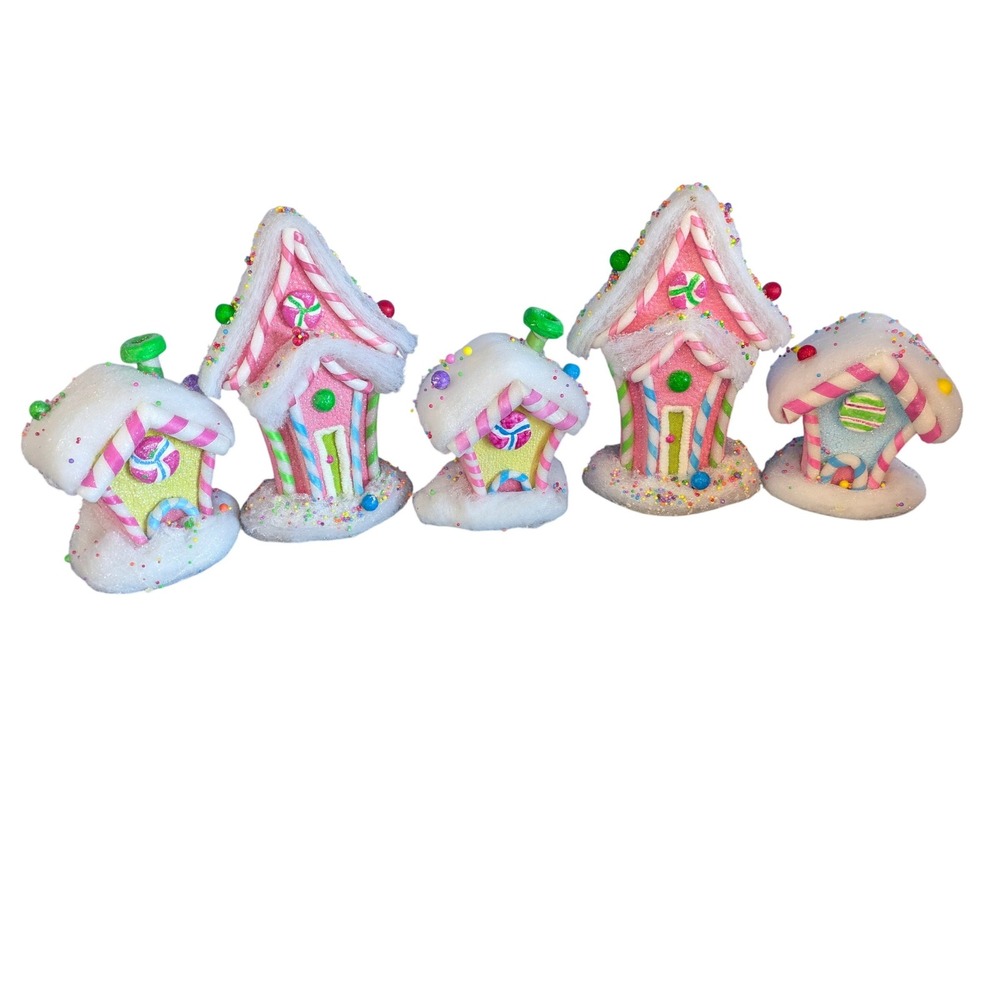 RAZ Imports Pastel Gingerbread House Christmas Decor Set of 5 Pink Yellow 10in